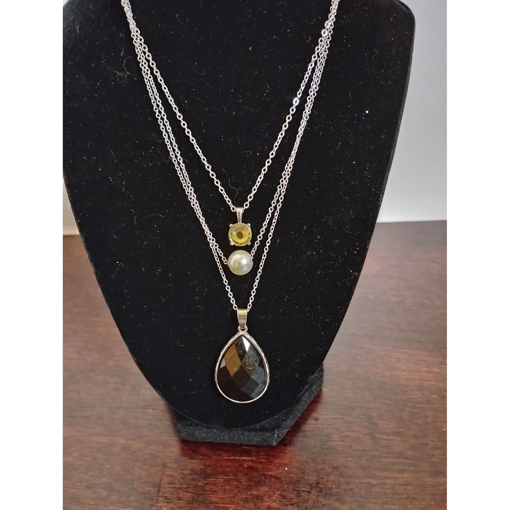 Paparazzi TripleLayer Necklace Set Black Teardrop Pearl Yellow Rhinestone Silver